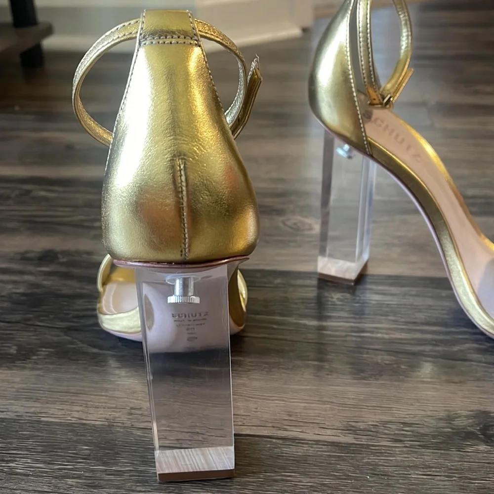 SCHUTZ Sanai Gold leather Metallic clear block heel sandal in size 8. Never worn - Picture 3 of 4